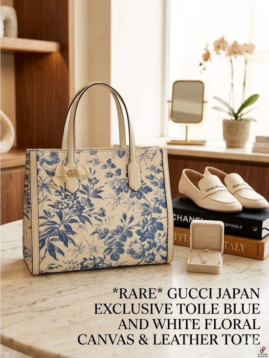 Gucci Handbags - 🌟RARE Gucci Japan Exclusive GG Ribbon Herbarium Blue Floral Tote Bag🌟